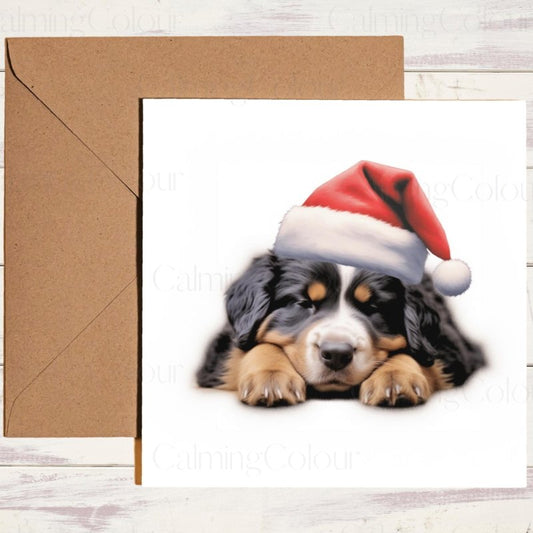 Sleeping Bernese Mountain Dog Santa Hat Christmas Card | Christmas Card