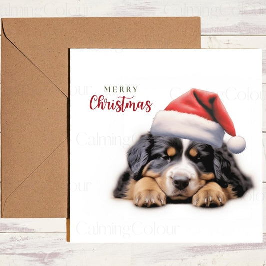Sleeping Bernese Mountain Dog Santa Hat Christmas Card | Christmas Card