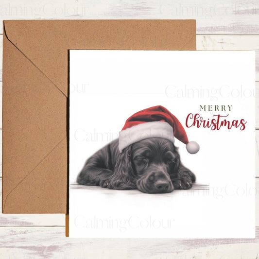 Sleeping Black Cocker Spaniel Santa Hat Christmas Card | Christmas Card