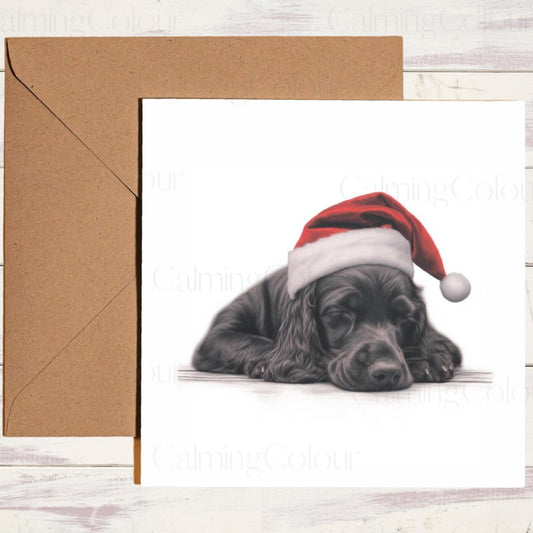 Sleeping Black Cocker Spaniel Santa Hat Christmas Card | Christmas Card