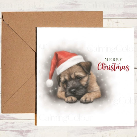 Sleeping Border Terrier Santa Hat Christmas Card | Christmas Card