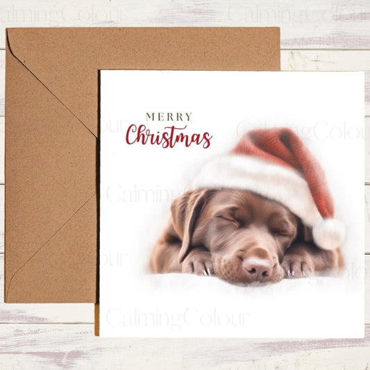 Sleeping Chocolate Labrador Santa Hat Christmas Card | Christmas Card