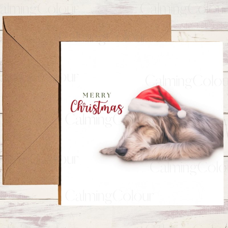Sleeping Irish Wolfhound Santa Hat Christmas Card | Christmas Card