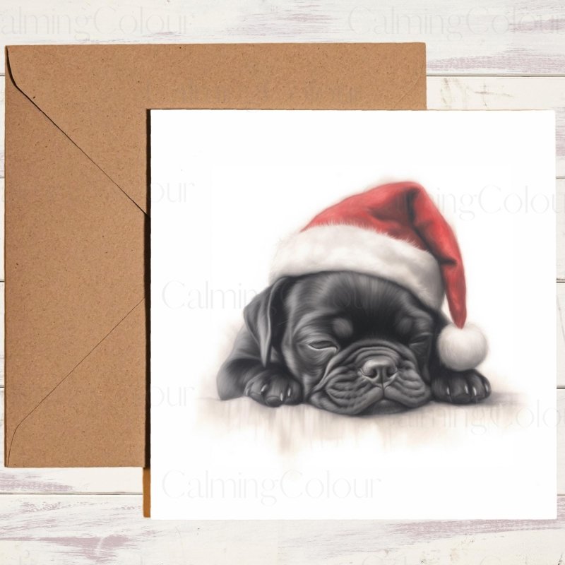 Sleepy Black Pug with Santa Hat | Christmas Card | Christmas Card