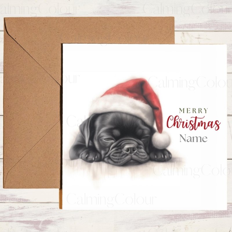 Sleepy Black Pug with Santa Hat | Christmas Card | Christmas Card