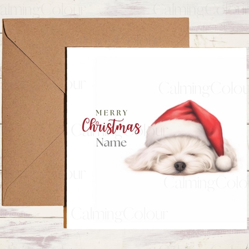 Sleepy Maltese with Santa Hat | Christmas Card | Christmas Card