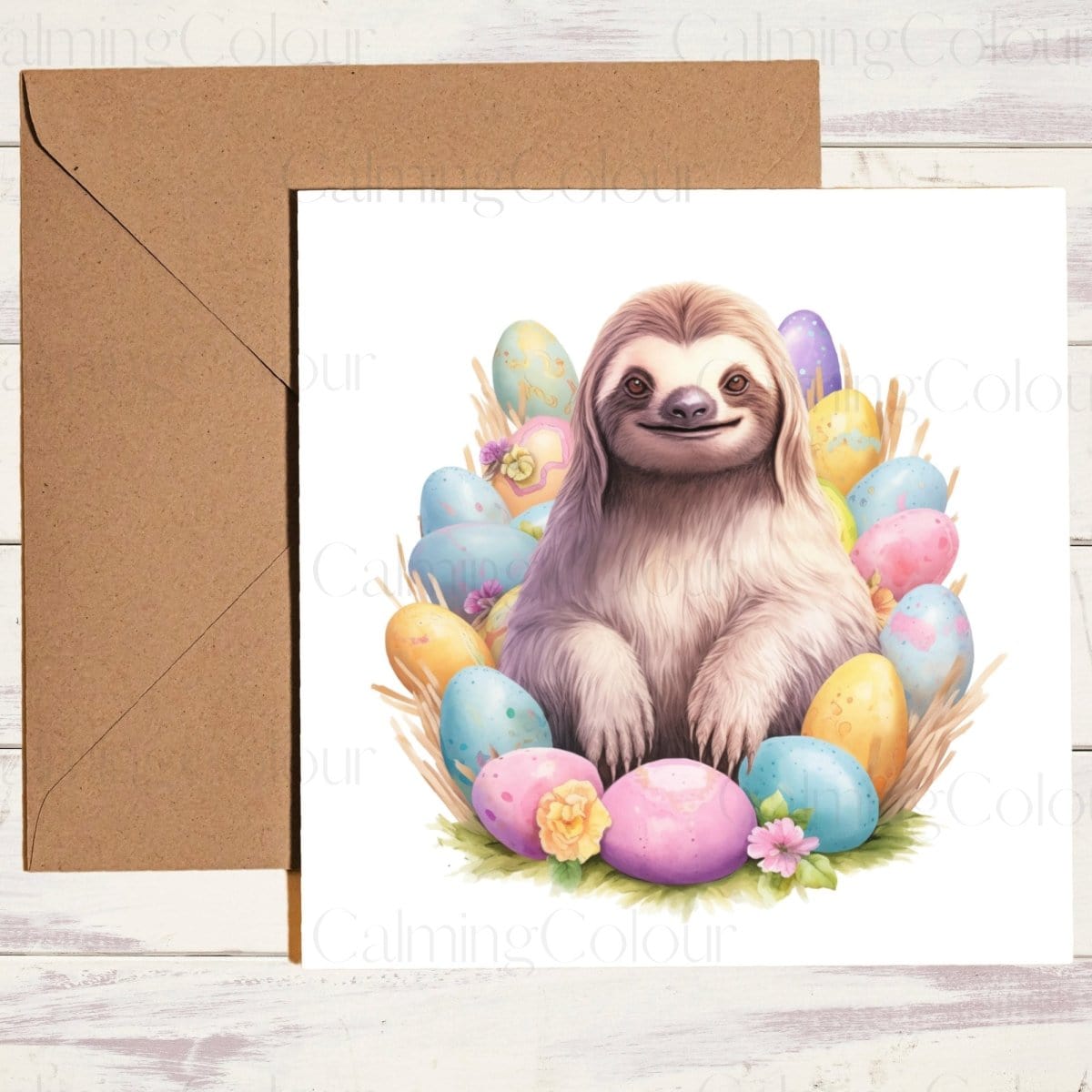 Sloth with Easter Eggs | Easter Card | Calming Colour