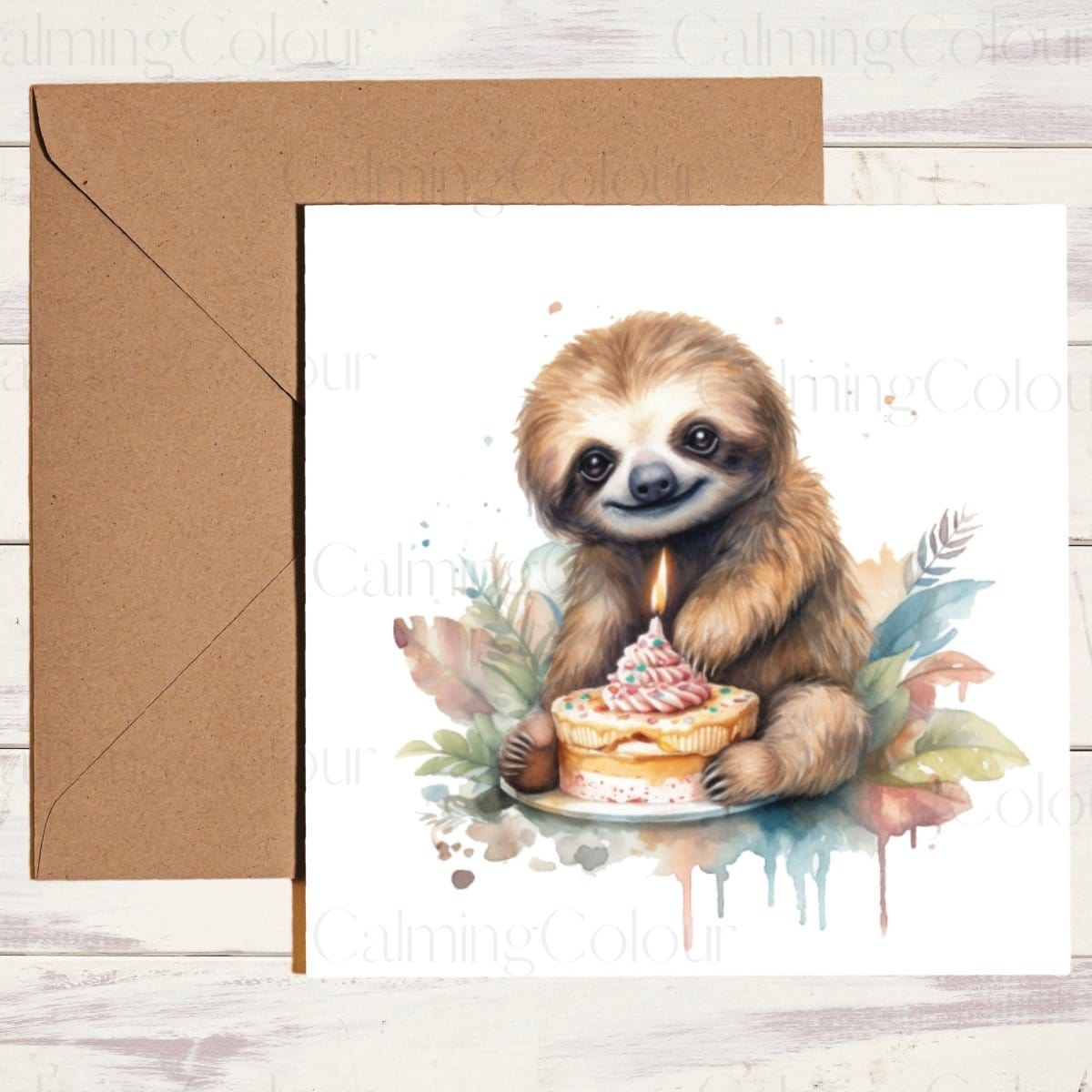 Sloth with Cake | Card for Sloth Lover | Calming Colour