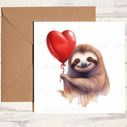 Sloth Holding a Red Balloon | Greeting Card | Calming Colour