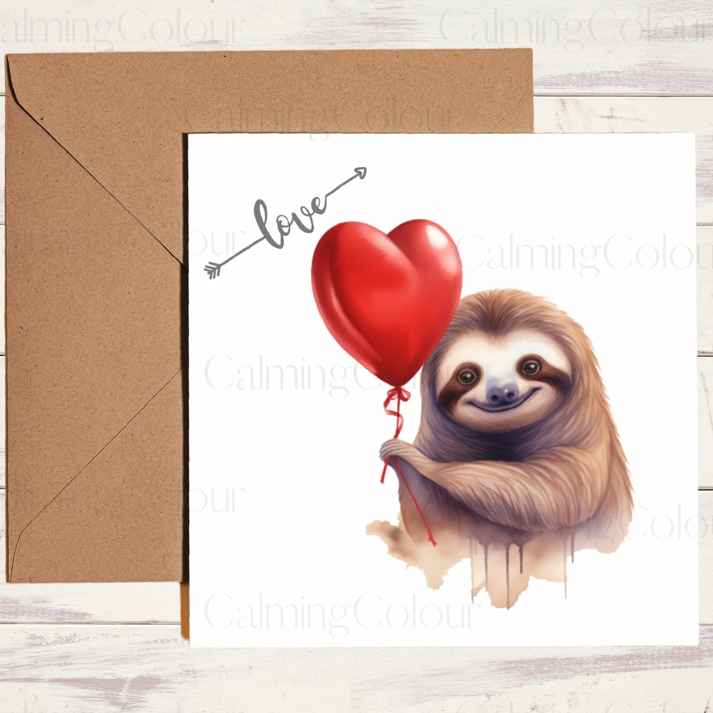 Sloth Holding a Red Balloon | Greeting Card | Calming Colour