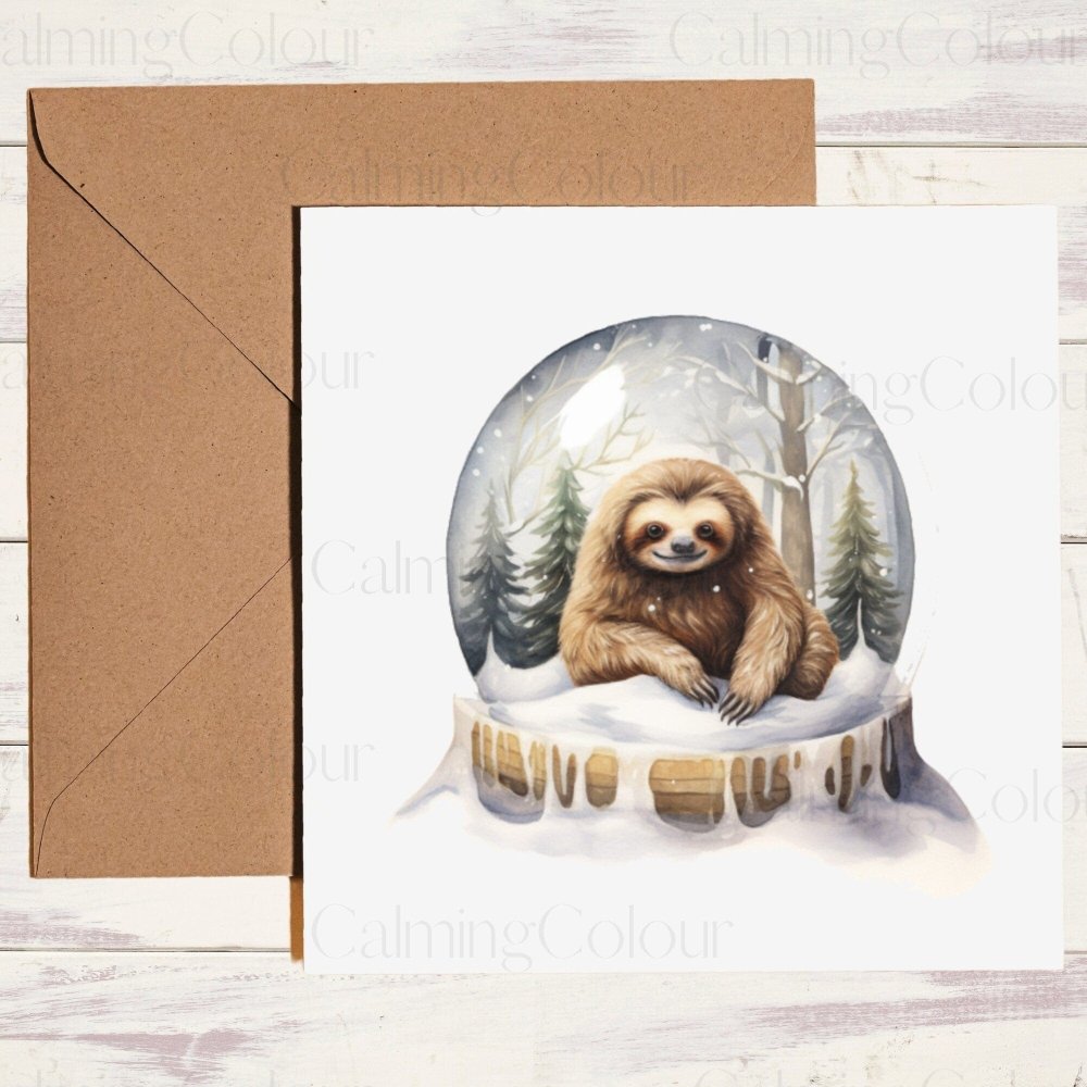 Sloth in a Snow Globe | Christmas Card | Card for Animal Lover | Calming Colour