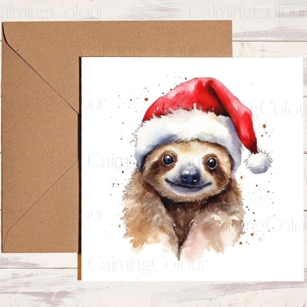 Sloth wearing Red Santa Hat | Christmas Card | Calming Colour