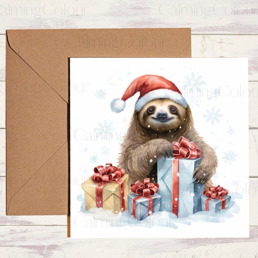 Sloth wearing Red Santa Hat with Presents | Christmas Card | Calming Colour