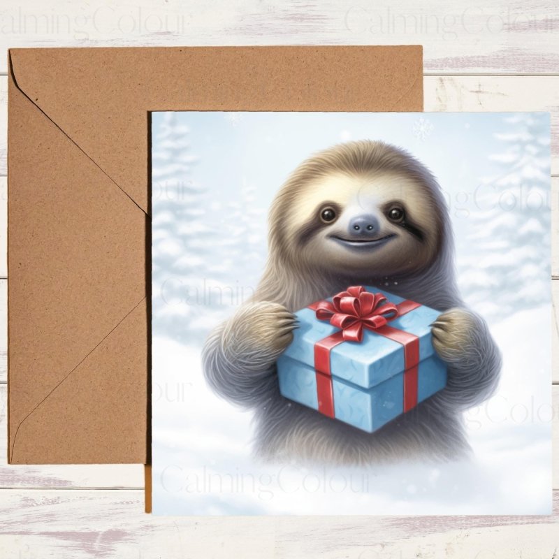 Sloth with Gift Box & Red Ribbon | Christmas Card | Christmas Card