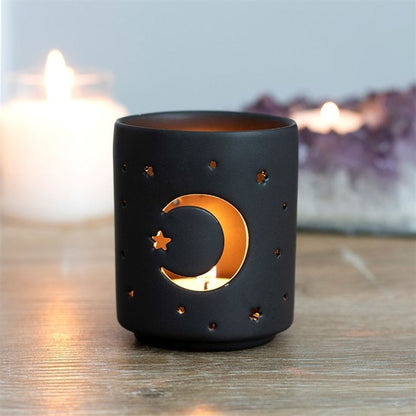 Small Black Mystical Moon Cut Out Tealight Holder | Calming Colour