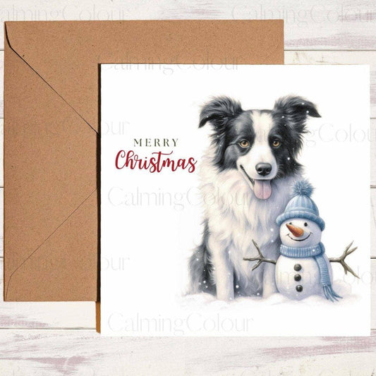 Smiling Border Collie with an Adorable Snowman | Christmas Card | Christmas Card