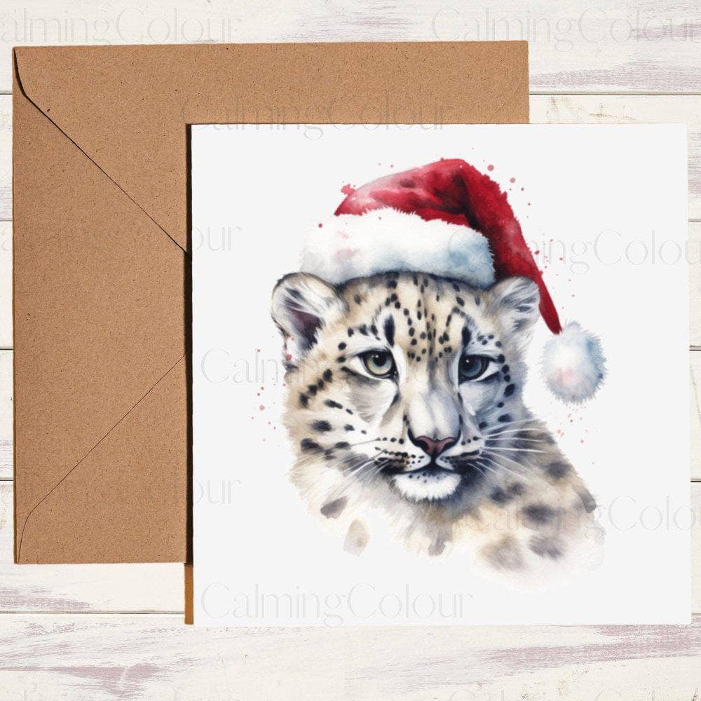 Snow Leopard wearing Red Santa Hat | Christmas Card | Christmas Card