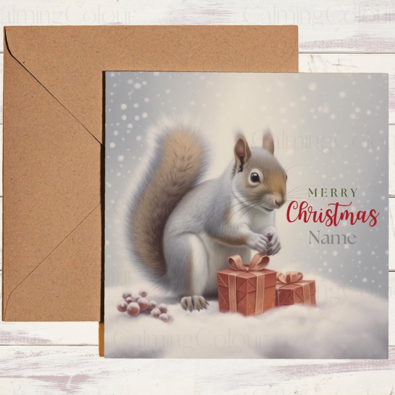 Snowy Squirrel Christmas Card | Red Gift Box | Christmas Card