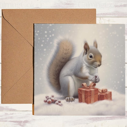 Snowy Squirrel Christmas Card | Red Gift Box | Christmas Card