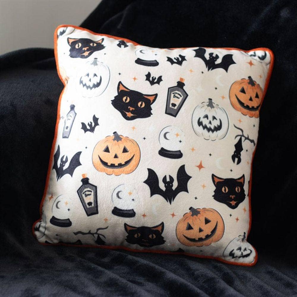 Spooky Cat and Pumpkin Print Cushion | 35cm | Calming Colour