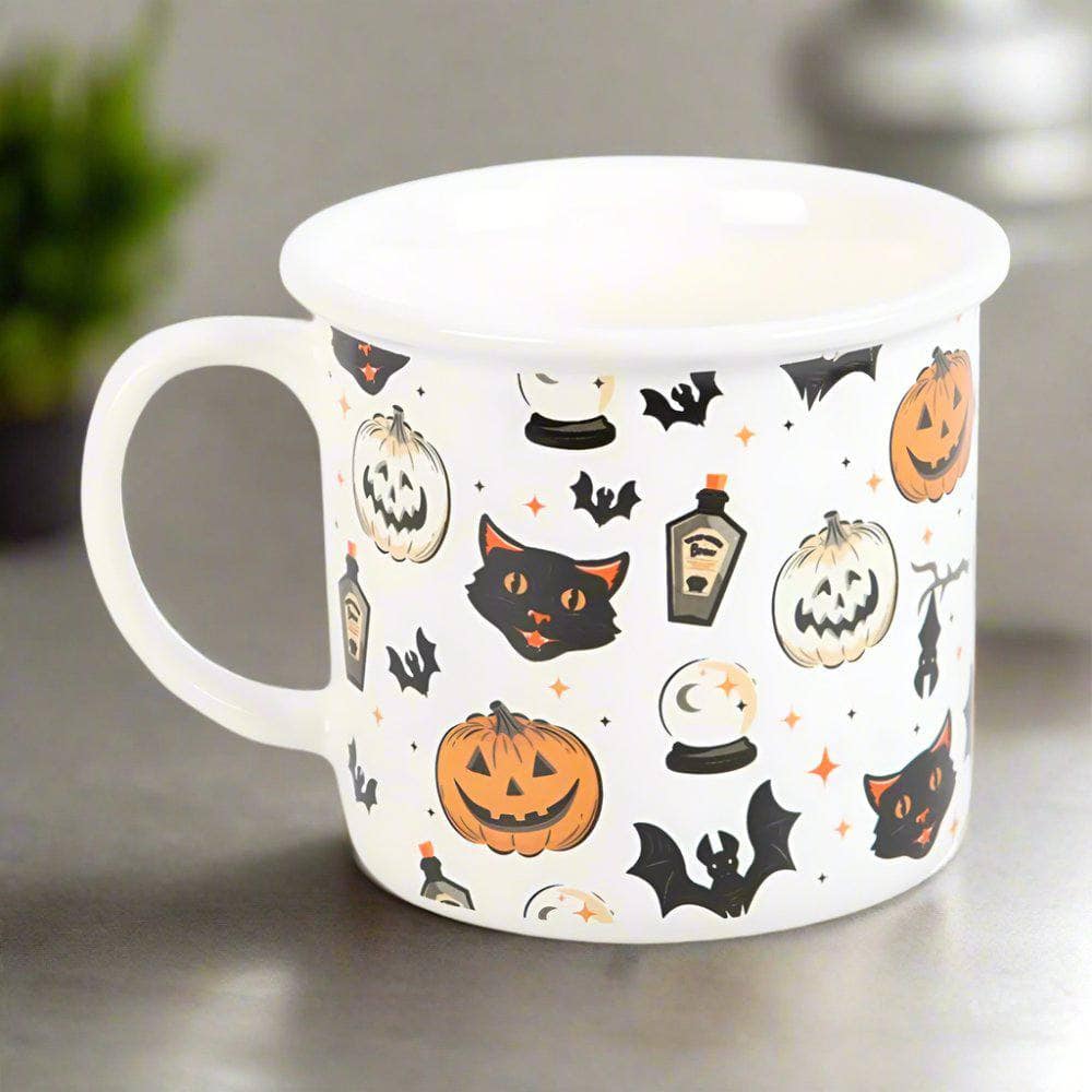 Spooky Cat and Pumpkin Print Mug | Calming Colour