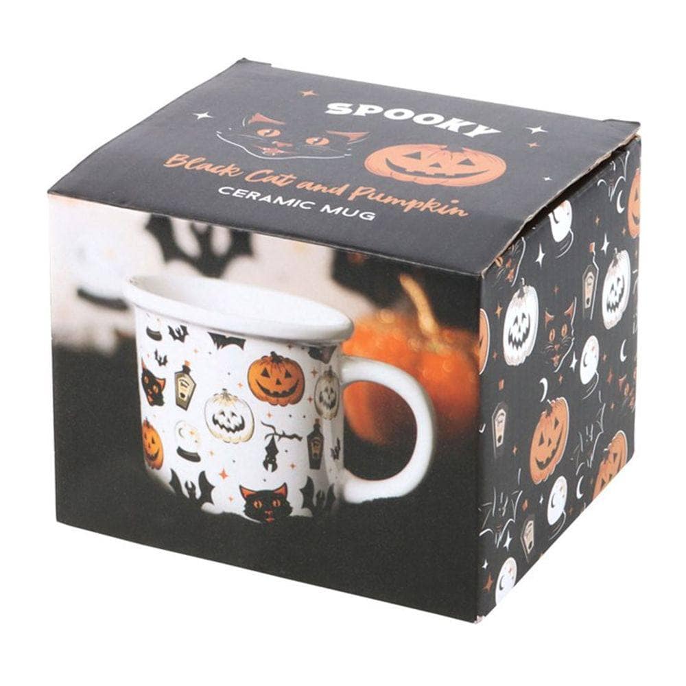 Spooky Cat and Pumpkin Print Mug | Calming Colour