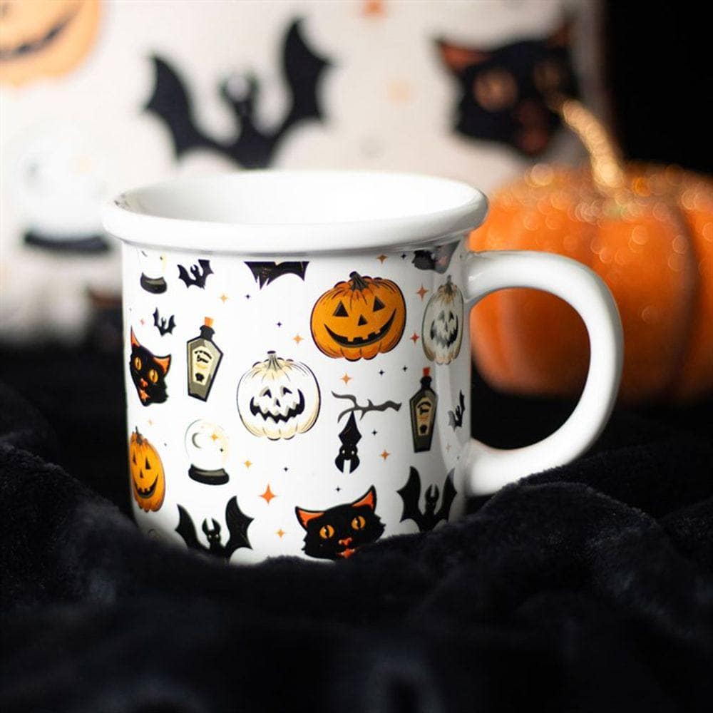 Spooky Cat and Pumpkin Print Mug | Calming Colour