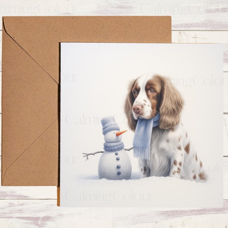 Springer Spaniel Beside Snowman | Christmas Card | Christmas Card