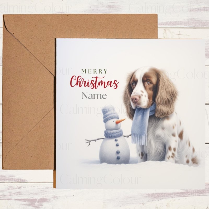 Springer Spaniel Beside Snowman | Christmas Card | Christmas Card