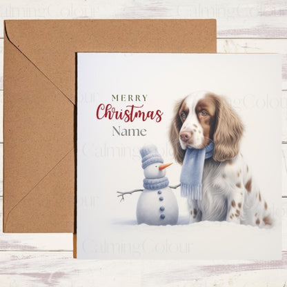 Springer Spaniel Beside Snowman | Christmas Card | Christmas Card