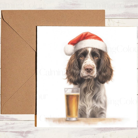 Springer Spaniel with Pint & Santa Hat | Christmas Card | Christmas Card