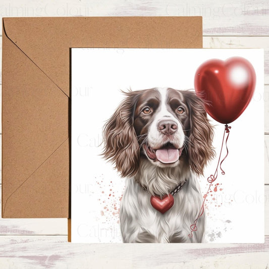 Springer Spaniel with Red Balloon | Valentine's Card | With Love | Calming Colour