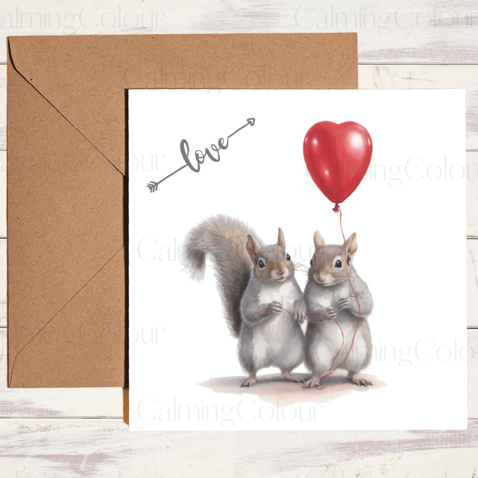 Squirrel Couple with Red Balloon | Greeting Card | Calming Colour