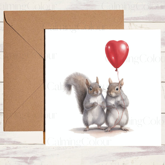 Squirrel Couple with Red Balloon | Greeting Card | Calming Colour