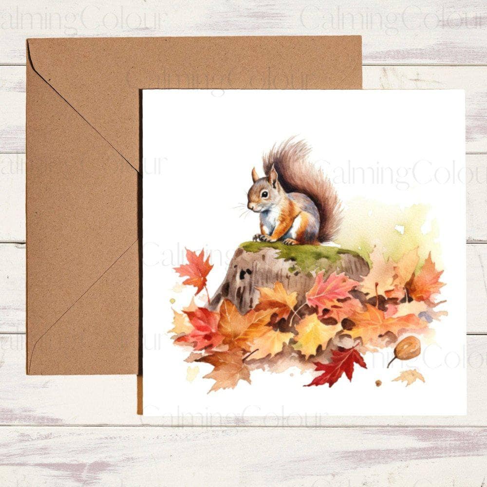 Squirrel in Pile of Autumn Leaves | Autumn Card | Calming Colour