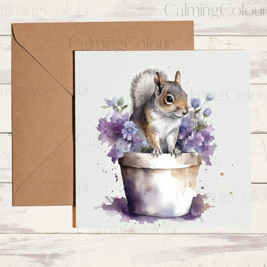 Squirrel in Plant Pot | Greeting Card | Single Card | Calming Colour