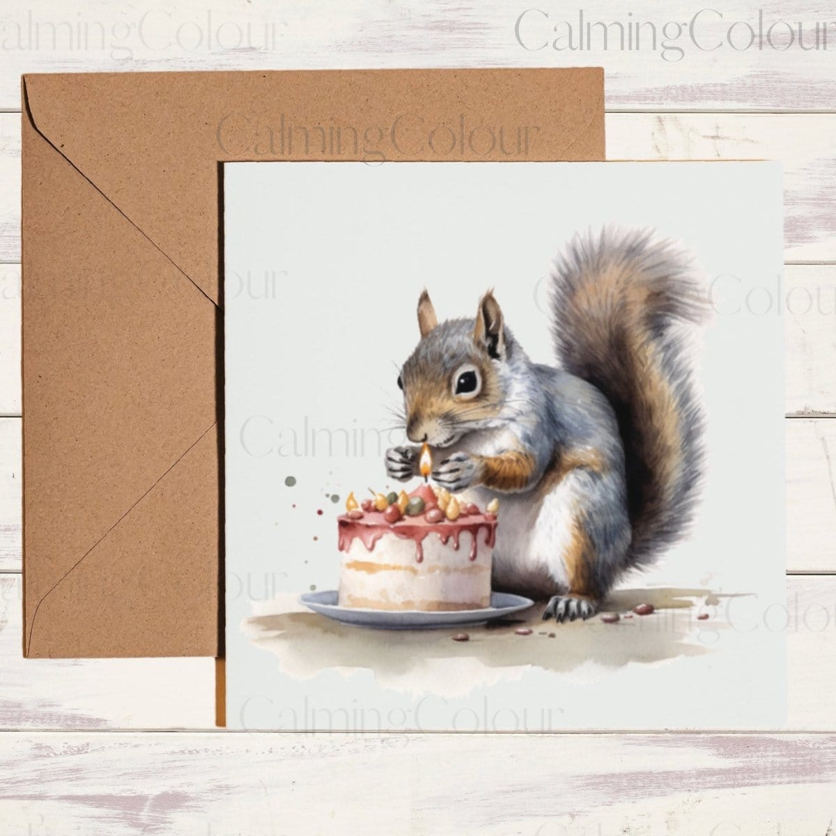 Squirrel next to Birthday Cake | Greeting Card | Calming Colour