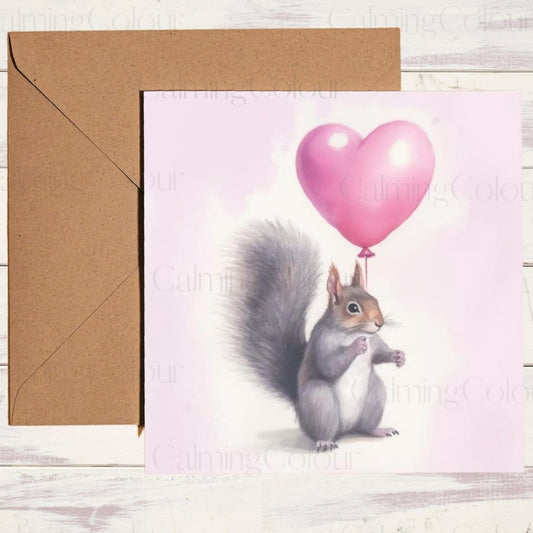 Squirrel with Pink Balloon | Greeting Card | Calming Colour