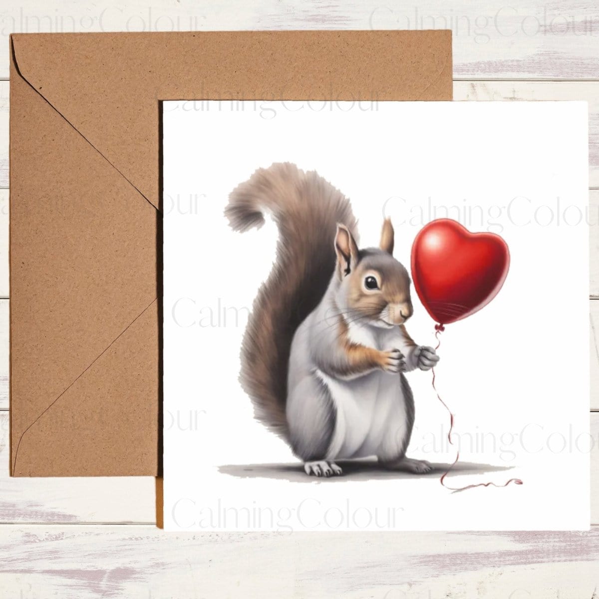 Squirrel with Red Balloon | Greeting Card | Single Card | Calming Colour