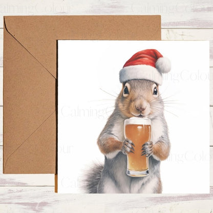 Squirrel with Santa Hat & Pint Glass | Christmas Card | Christmas Card