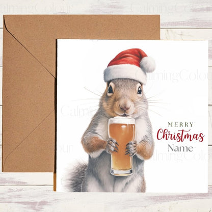 Squirrel with Santa Hat & Pint Glass | Christmas Card | Christmas Card