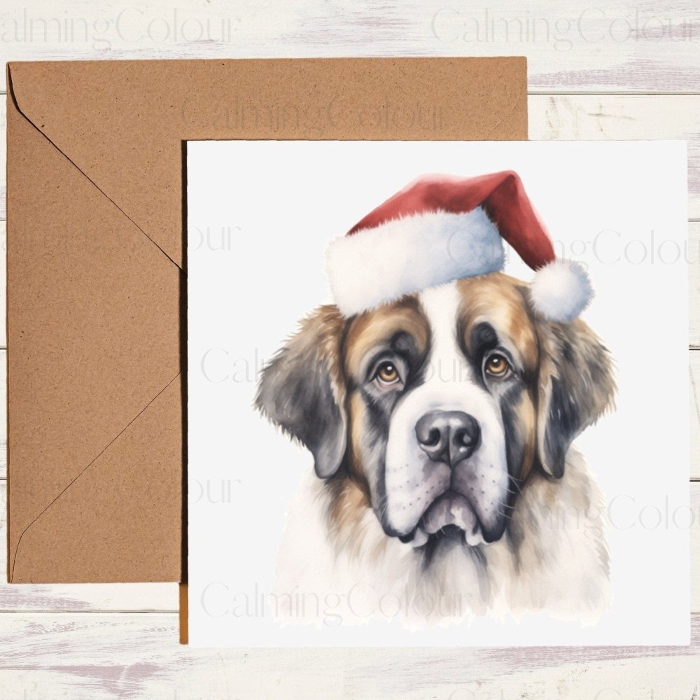 St. Bernard Christmas wearing Red Santa Hat | Christmas Card | Calming Colour