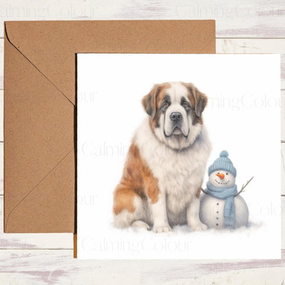 St Bernard Guarding Mini Snowman | Christmas Card | Christmas Card
