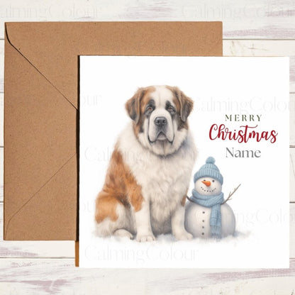 St Bernard Guarding Mini Snowman | Christmas Card | Christmas Card
