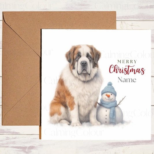 St Bernard Guarding Mini Snowman | Christmas Card | Christmas Card