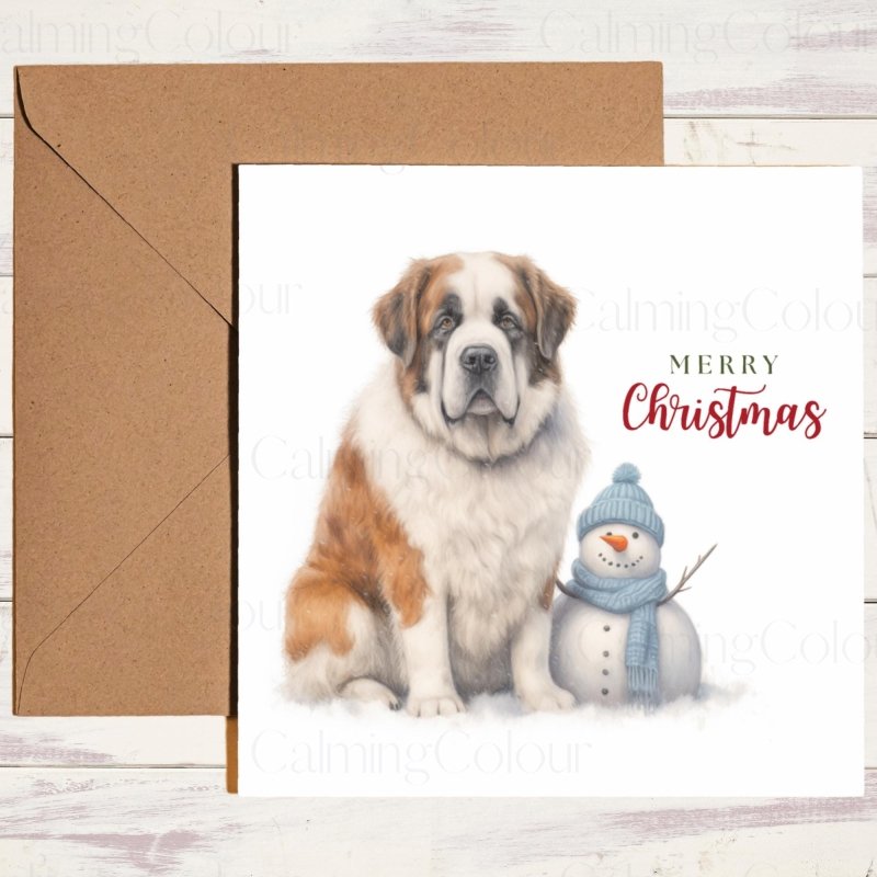St Bernard Guarding Mini Snowman | Christmas Card | Christmas Card