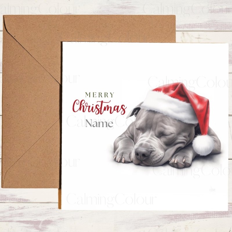 Staffordshire Bull Terrier Asleep in Santa Hat | Christmas Card | Christmas Card