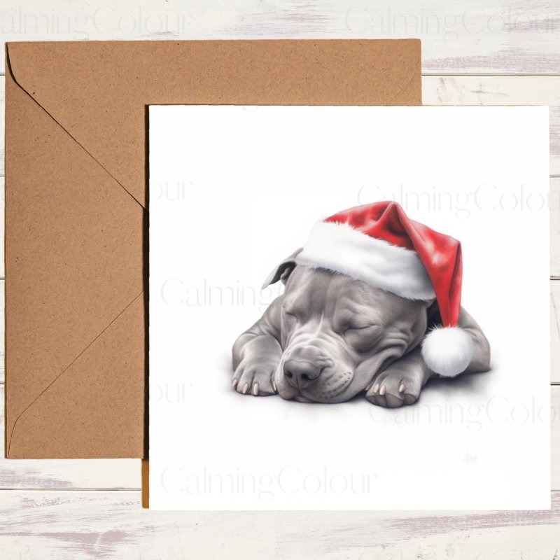 Staffordshire Bull Terrier Asleep in Santa Hat | Christmas Card | Christmas Card