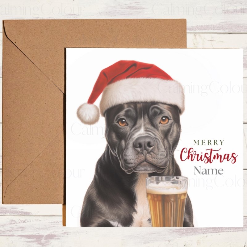 Staffordshire Bull Terrier with Pint & Santa Hat | Christmas Card | Christmas Card