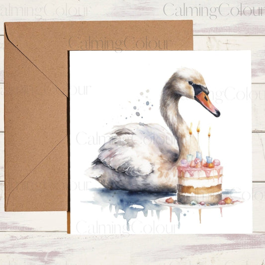 Swan with Cake | Greeting Card | Card for Animal Lover | Calming Colour